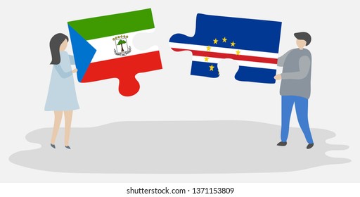 Couple holding two puzzles pieces with Equatorial Guinean and Cabo Verdean flags. Equatorial Guinea and Cape Verde national symbols together.