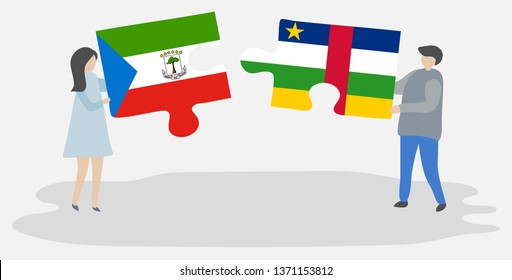 Couple holding two puzzles pieces with Equatorial Guinean and Central African flags. Equatorial Guinea and Central African Republic national symbols together.