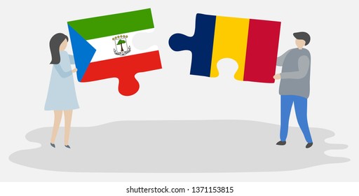 Couple holding two puzzles pieces with Equatorial Guinean and Chadian flags. Equatorial Guinea and Chad national symbols together.