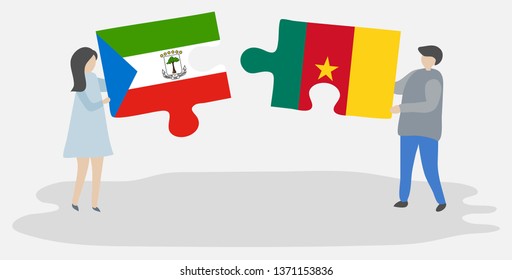 Couple holding two puzzles pieces with Equatorial Guinean and Cameroonian flags. Equatorial Guinea and Cameroon national symbols together.