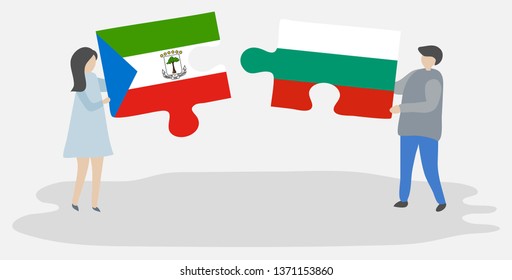 Couple holding two puzzles pieces with Equatorial Guinean and Bulgarian flags. Equatorial Guinea and Bulgaria national symbols together.