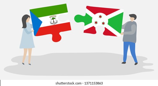 Couple holding two puzzles pieces with Equatorial Guinean and Burundian flags. Equatorial Guinea and Burundi national symbols together.