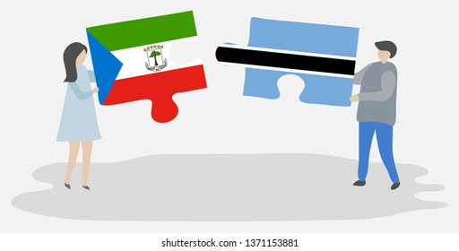 Couple holding two puzzles pieces with Equatorial Guinean and Motswana flags. Equatorial Guinea and Botswana national symbols together.