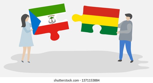 Couple holding two puzzles pieces with Equatorial Guinean and Bolivian flags. Equatorial Guinea and Bolivia national symbols together.