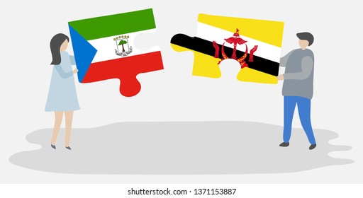 Couple holding two puzzles pieces with Equatorial Guinean and Bruneian flags. Equatorial Guinea and Brunei national symbols together.