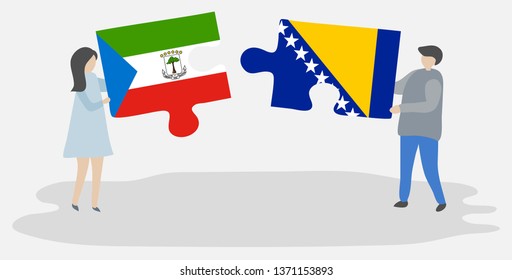 Couple holding two puzzles pieces with Equatorial Guinean and Bosnian flags. Equatorial Guinea and Bosnia and Herzegovina national symbols together.
