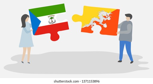 Couple holding two puzzles pieces with Equatorial Guinean and Bhutanese flags. Equatorial Guinea and Bhutan national symbols together.