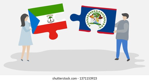Couple holding two puzzles pieces with Equatorial Guinean and Belizean flags. Equatorial Guinea and Belize national symbols together.