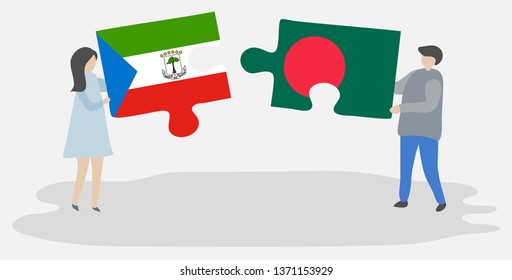 Couple holding two puzzles pieces with Equatorial Guinean and Bangladeshi flags. Equatorial Guinea and Bangladesh national symbols together.