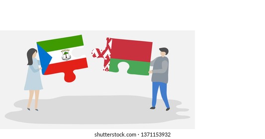 Couple holding two puzzles pieces with Equatorial Guinean and Belarusian flags. Equatorial Guinea and Belarus national symbols together.