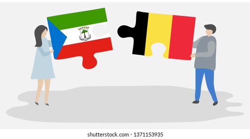 Couple holding two puzzles pieces with Equatorial Guinean and Belgian flags. Equatorial Guinea and Belgium national symbols together.