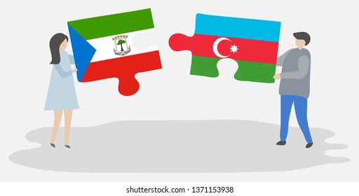Couple holding two puzzles pieces with Equatorial Guinean and Azerbaijani flags. Equatorial Guinea and Azerbaijan national symbols together.