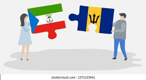 Couple holding two puzzles pieces with Equatorial Guinean and Barbadian flags. Equatorial Guinea and Barbados national symbols together.