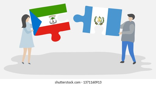 Couple holding two puzzles pieces with Equatorial Guinean and Guatemalan flags. Equatorial Guinea and Guatemala national symbols together.