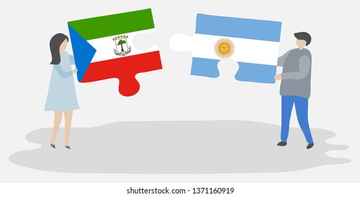 Couple holding two puzzles pieces with Equatorial Guinean and Argentine flags. Equatorial Guinea and Argentina national symbols together.
