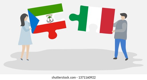 Couple holding two puzzles pieces with Equatorial Guinean and Italian flags. Equatorial Guinea and Italy national symbols together.