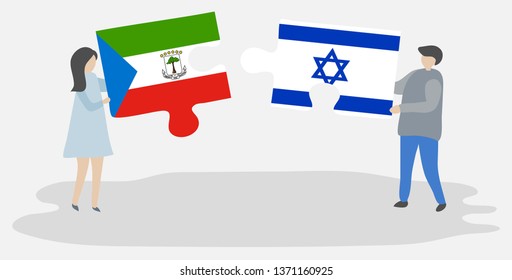 Couple holding two puzzles pieces with Equatorial Guinean and Israeli flags. Equatorial Guinea and Israel national symbols together.