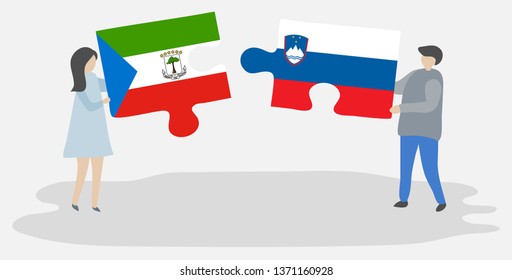 Couple holding two puzzles pieces with Equatorial Guinean and Slovenian flags. Equatorial Guinea and Slovenia national symbols together.