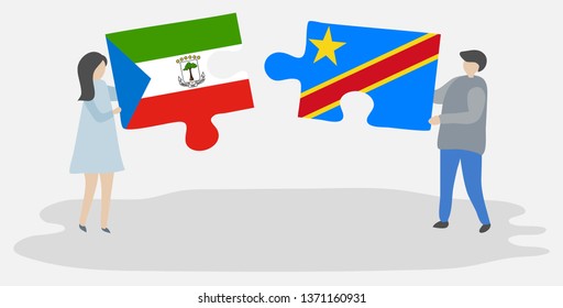 Couple holding two puzzles pieces with Equatorial Guinean and Congolese flags. Equatorial Guinea and Democratic Republic of the Congo national symbols together.