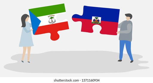 Couple holding two puzzles pieces with Equatorial Guinean and Haitian flags. Equatorial Guinea and Haiti national symbols together.