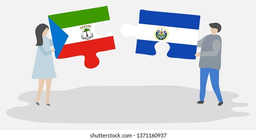 Couple holding two puzzles pieces with Equatorial Guinean and Salvadoran flags. Equatorial Guinea and El Salvador national symbols together.