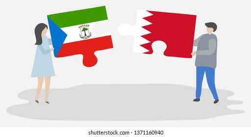 Couple holding two puzzles pieces with Equatorial Guinean and Bahraini flags. Equatorial Guinea and Bahrain national symbols together.