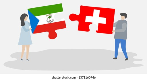 Couple holding two puzzles pieces with Equatorial Guinean and Swiss flags. Equatorial Guinea and Switzerland national symbols together.