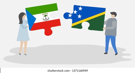 Couple holding two puzzles pieces with Equatorial Guinean and Solomon Island flags. Equatorial Guinea and Solomon Islands national symbols together.