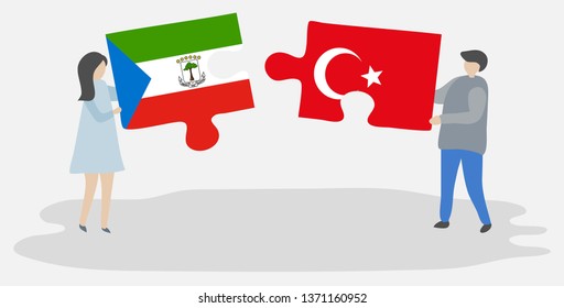 Couple holding two puzzles pieces with Equatorial Guinean and Turkish flags. Equatorial Guinea and Turkey national symbols together.