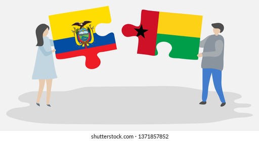 Couple holding two puzzles pieces with Ecuadorian and Bissau-Guinean flags. Ecuador and Guinea-Bissau national symbols together.