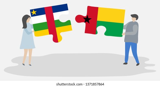 Couple holding two puzzles pieces with Central African and Bissau-Guinean flags. Central African Republic and Guinea-Bissau national symbols together.