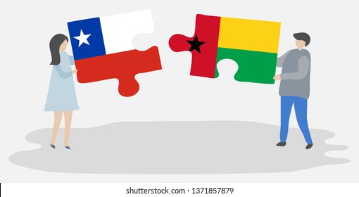 Couple holding two puzzles pieces with Chilean and Bissau-Guinean flags. Chile and Guinea-Bissau national symbols together.