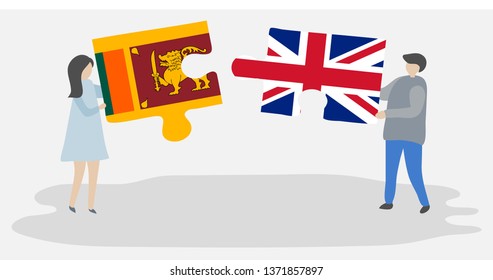 Couple holding two puzzles pieces with Sri Lankan and British flags. Sri Lanka and United Kingdom national symbols together.
