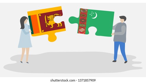 Couple holding two puzzles pieces with Sri Lankan and Turkmen flags. Sri Lanka and Turkmenistan national symbols together.