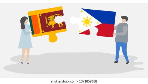 Couple holding two puzzles pieces with Sri Lankan and Filipino flags. Sri Lanka and Philippines national symbols together.