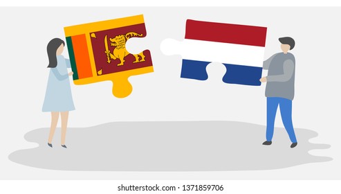 Couple holding two puzzles pieces with Sri Lankan and Dutch flags. Sri Lanka and Netherlands national symbols together.
