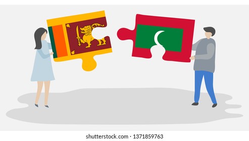 Couple holding two puzzles pieces with Sri Lankan and Maldivian flags. Sri Lanka and Maldives national symbols together.