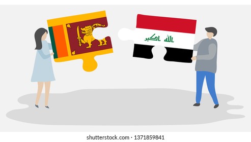 Couple holding two puzzles pieces with Sri Lankan and Iraqi flags. Sri Lanka and Iraq national symbols together.