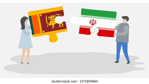 Couple holding two puzzles pieces with Sri Lankan and Iranian flags. Sri Lanka and Iran national symbols together.