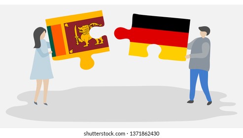 Couple holding two puzzles pieces with Sri Lankan and German flags. Sri Lanka and Germany national symbols together.