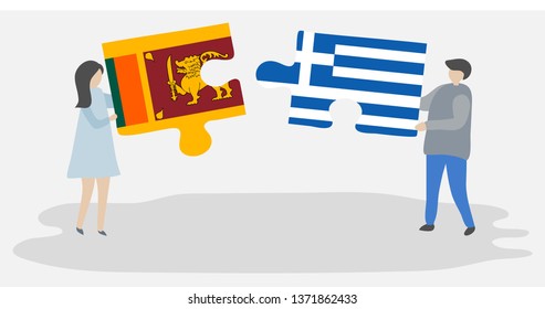 Couple holding two puzzles pieces with Sri Lankan and Greek flags. Sri Lanka and Greece national symbols together.