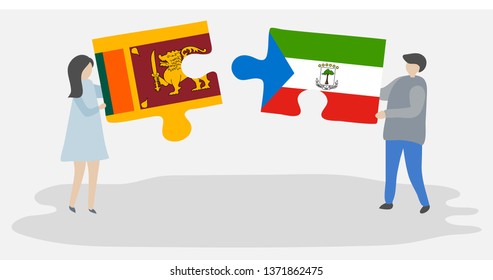Couple holding two puzzles pieces with Sri Lankan and Equatorial Guinean flags. Sri Lanka and Equatorial Guinea national symbols together.