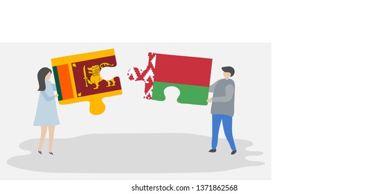 Couple holding two puzzles pieces with Sri Lankan and Belarusian flags. Sri Lanka and Belarus national symbols together.