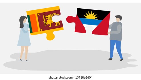 Couple holding two puzzles pieces with Sri Lankan and Antiguan flags. Sri Lanka and Antigua and Barbuda national symbols together.