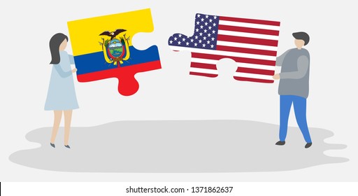 Couple holding two puzzles pieces with Ecuadorian and American flags. Ecuador and United States of America national symbols together.