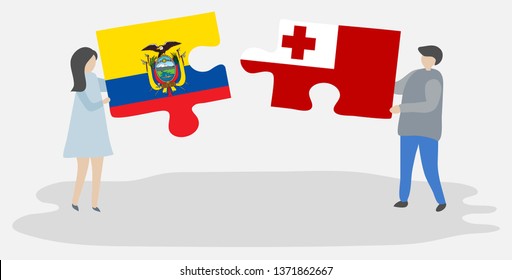 Couple holding two puzzles pieces with Ecuadorian and Tongan flags. Ecuador and Tonga national symbols together.
