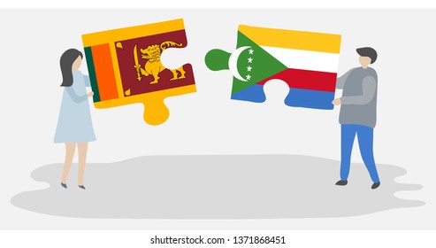 Couple holding two puzzles pieces with Sri Lankan and Comoran flags. Sri Lanka and Comoros national symbols together.