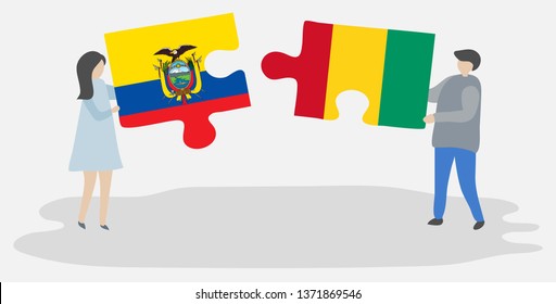 Couple holding two puzzles pieces with Ecuadorian and Guinean flags. Ecuador and Guinea national symbols together.