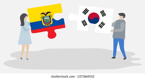 Couple holding two puzzles pieces with Ecuadorian and South Korean flags. Ecuador and South Korea national symbols together.