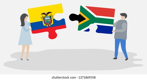 Couple holding two puzzles pieces with Ecuadorian and South African flags. Ecuador and South Africa national symbols together.